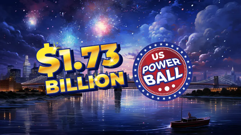 Glowing Powerball with significant jackpot amount displayed.