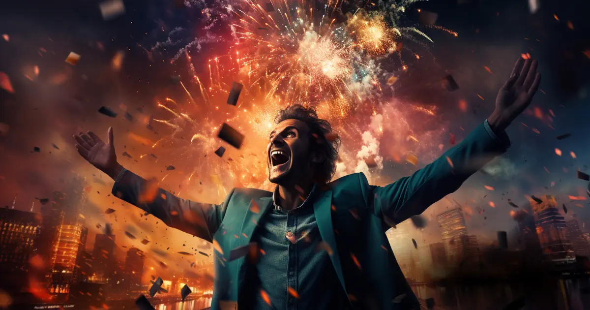 man celebrating with fireworks above
