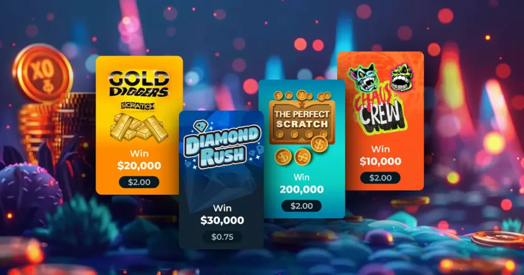 Diverse selection of XO Lotto scratchcard games, including The Perfect Scratch and Chaos Crew