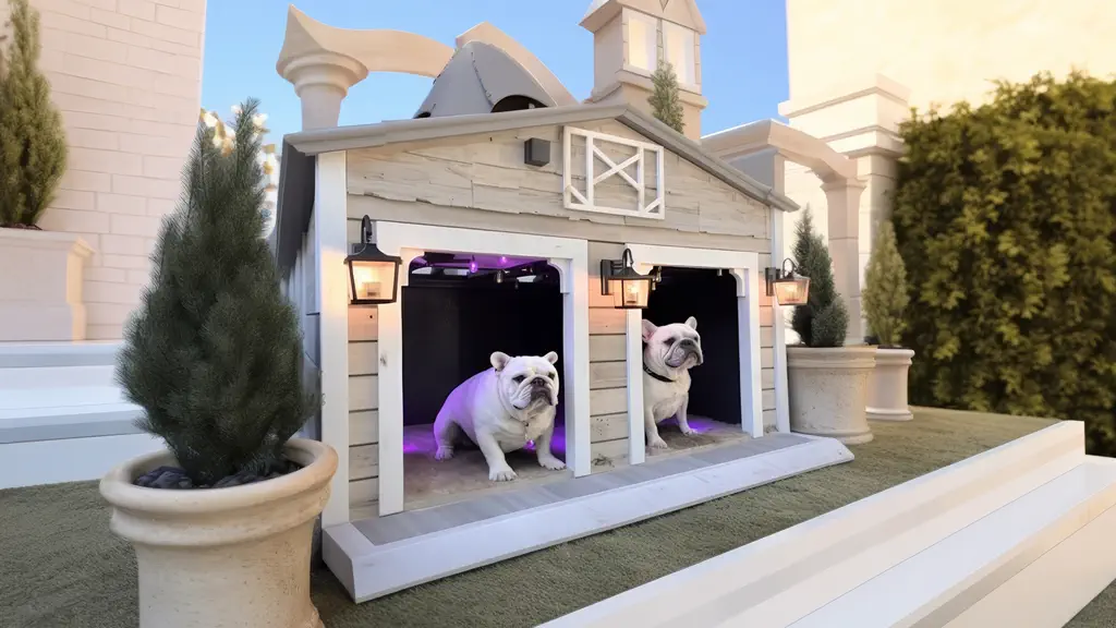 Luxury dog mansion for English Bulldogs with a custom-built doggy spa and Olympic-sized pool.