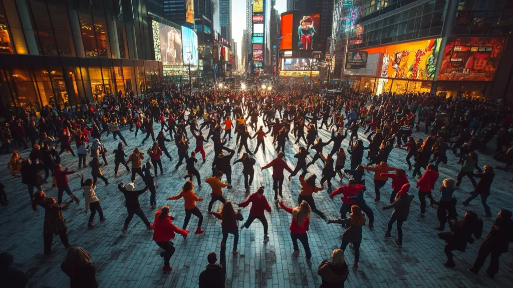 Thousands of Canadians participating in a synchronized flashmob dance across multiple cities.