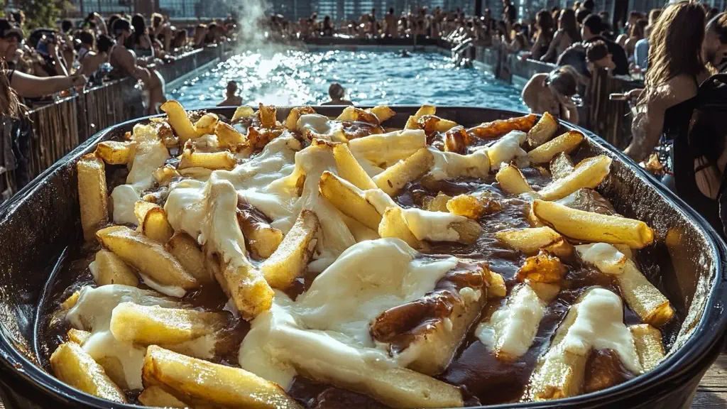 Celebration at the world's largest poutine pool party, with an Olympic-sized pool filled with poutine.