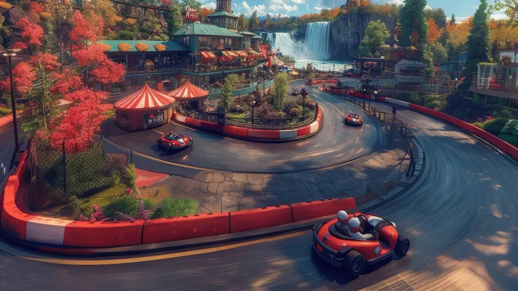 Mario Kart-inspired go-kart track set in iconic Canadian landscapes like the Rockies and Niagara Falls