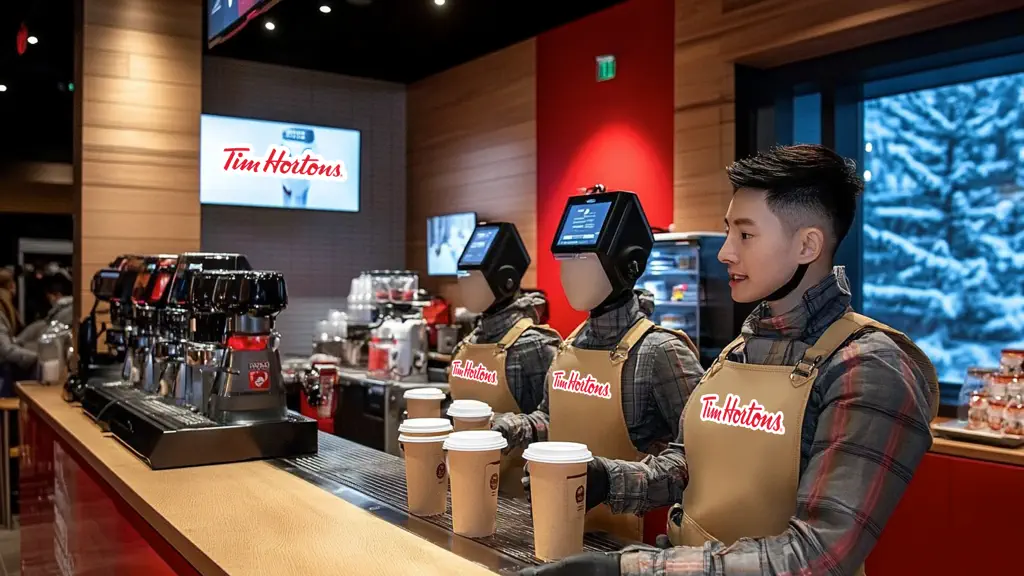 High-tech Tim Hortons location featuring robotic baristas and conveyor belt drive-thru systems.